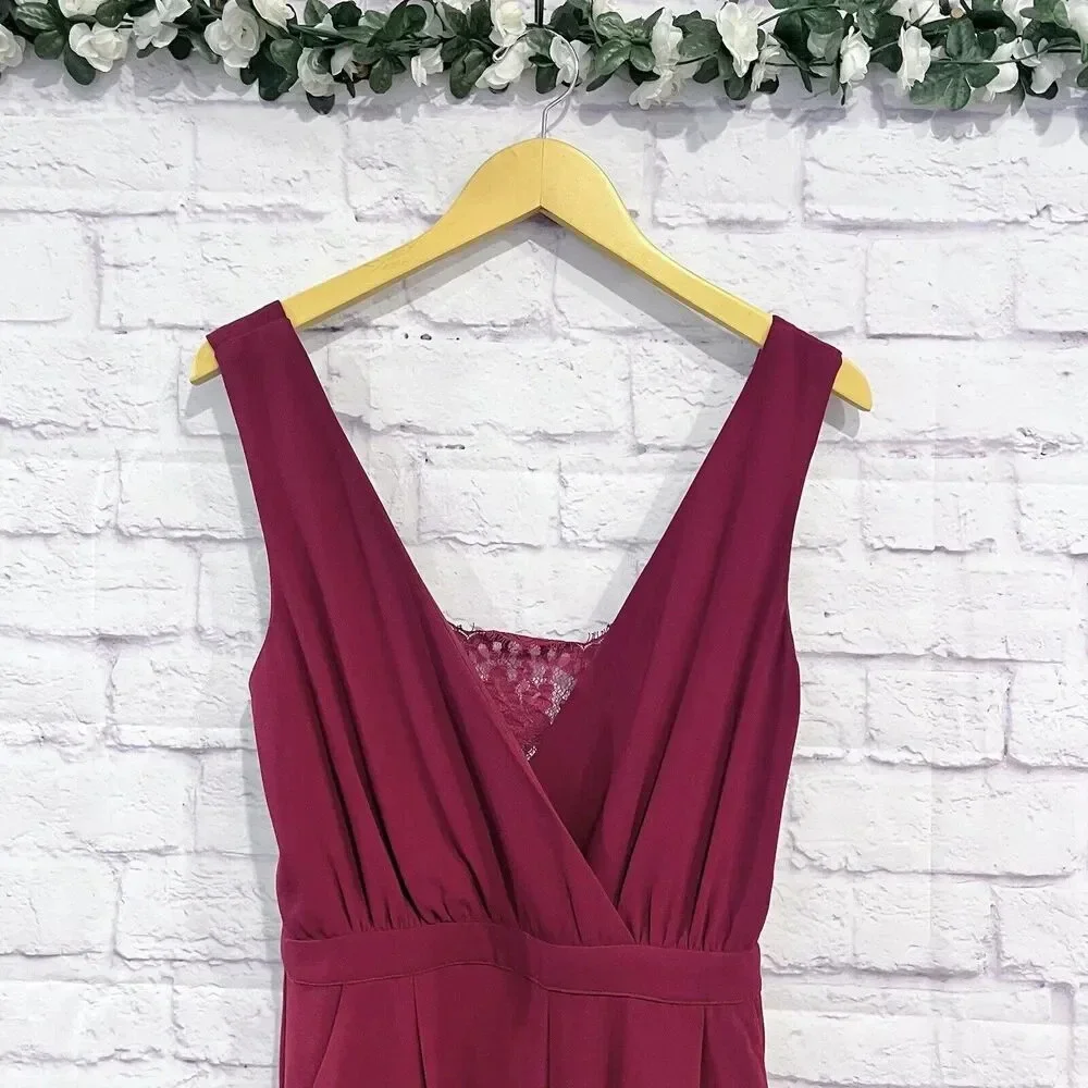Lulu’s Women's Burgundy Kiska Lace Back Wide Leg Jumpsuit side Pockets Medium - Picture 5 of 16